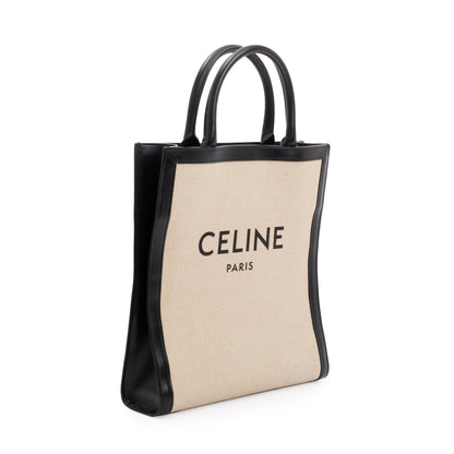 Celine 2021 Small Beige Canvas Black Calfskin Logo Vertical Cabas Tote
