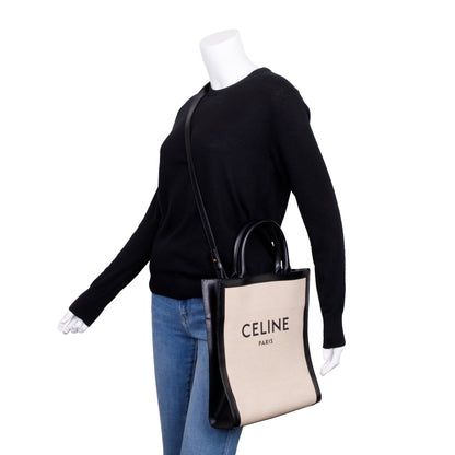 Celine 2021 Small Beige Canvas Black Calfskin Logo Vertical Cabas Tote
