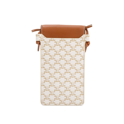 Celine 2021 White Triomphe Canvas & Tan Lambskin Leather Flap Phone Pouch