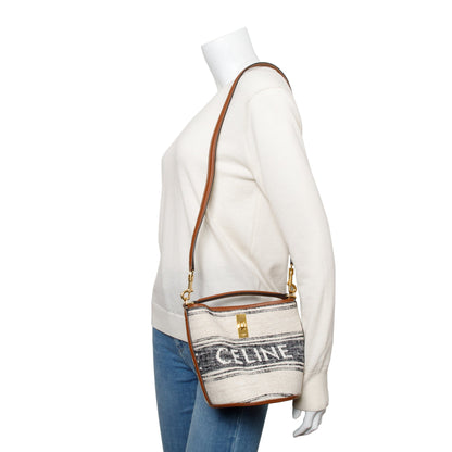 Celine 2022 Neutral Canvas Brown Leather Logo Teen 16 Bucket Bag