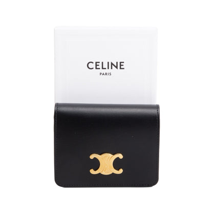 Celine 2023 Black Shiny Calfskin Leather Triomphe Compact Wallet
