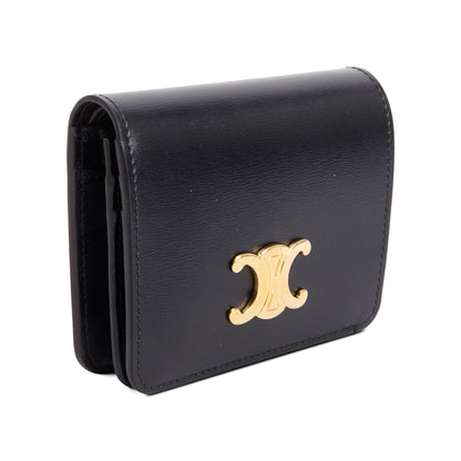 Celine 2023 Black Shiny Calfskin Leather Triomphe Compact Wallet