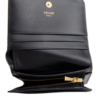 Celine 2023 Black Shiny Calfskin Leather Triomphe Compact Wallet