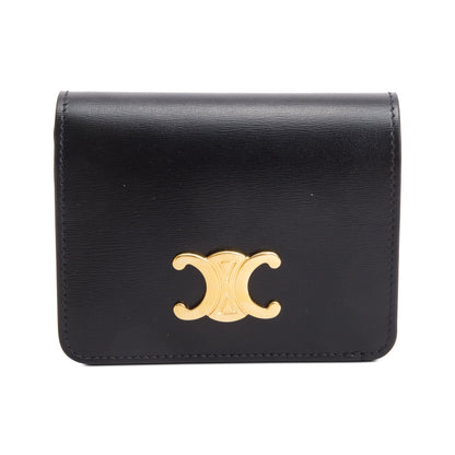 Celine 2023 Black Shiny Calfskin Leather Triomphe Compact Wallet