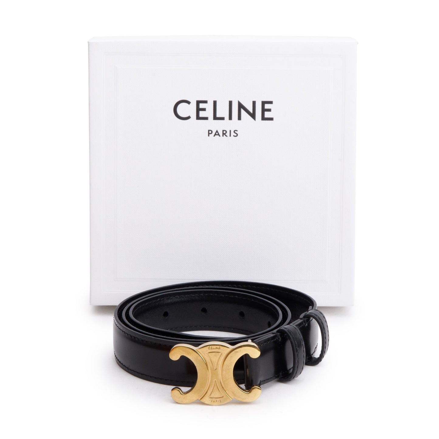Celine 2023 Black Taurillon Leather Medium Triomphe 25 MM Belt, Size 80