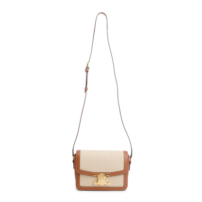 Celine 2023 Natural Canvas Tan Calfskin Leather Teen Triomphe Shoulder Bag