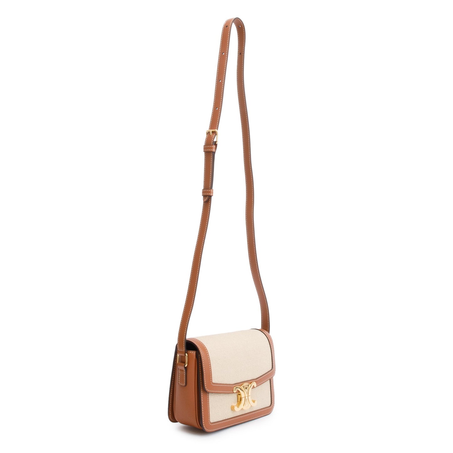 Celine 2023 Natural Canvas Tan Calfskin Leather Teen Triomphe Shoulder Bag