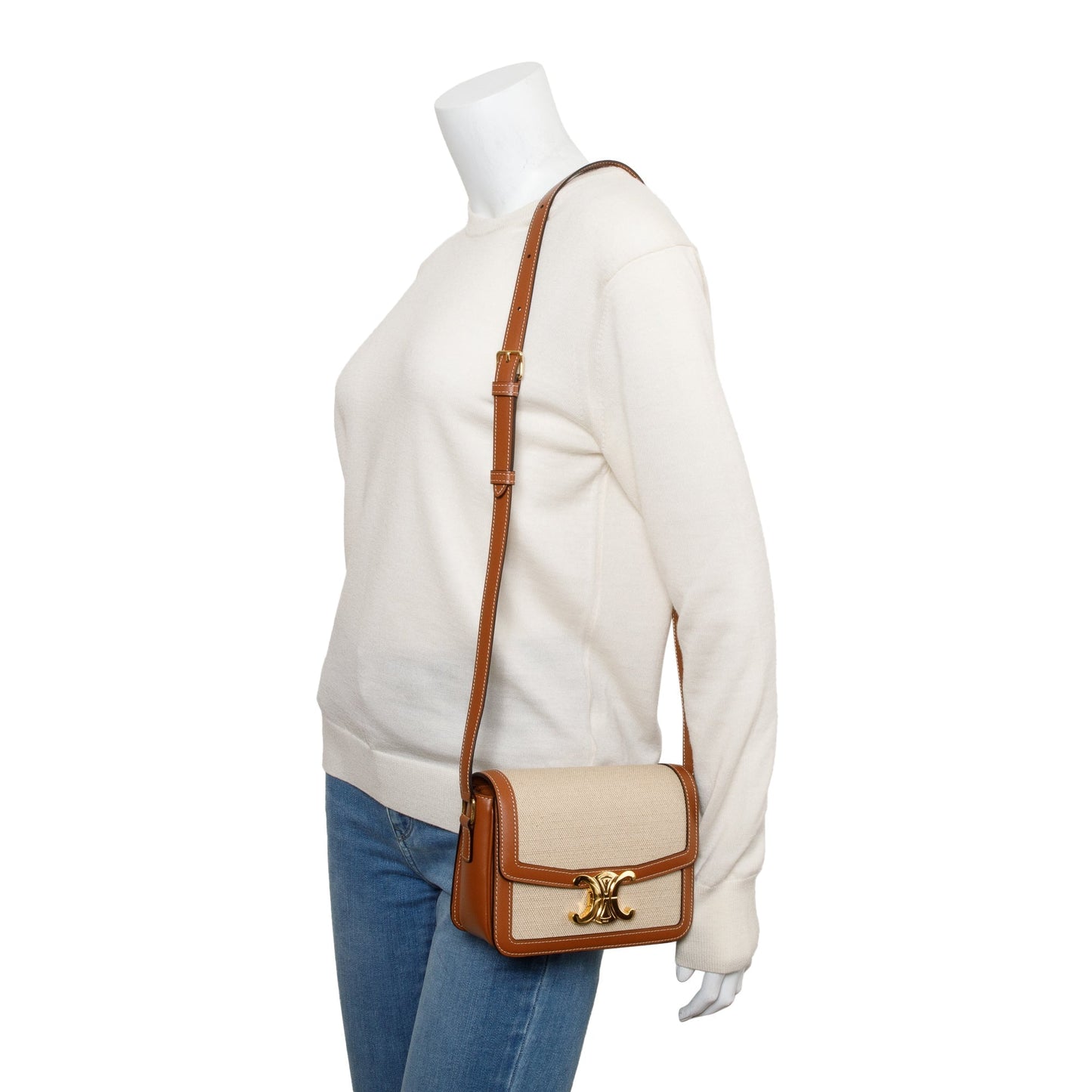 Celine 2023 Natural Canvas Tan Calfskin Leather Teen Triomphe Shoulder Bag
