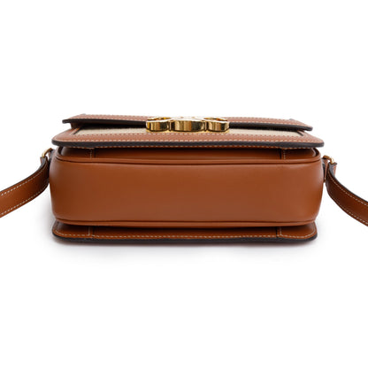 Celine 2023 Natural Canvas Tan Calfskin Leather Teen Triomphe Shoulder Bag