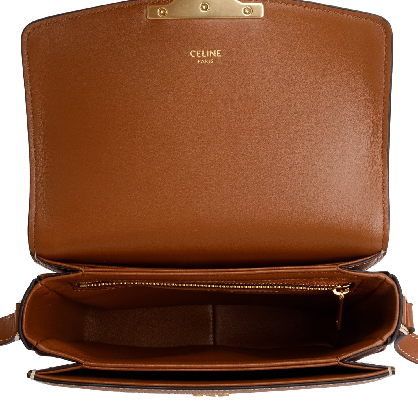 Celine 2023 Natural Canvas Tan Calfskin Leather Teen Triomphe Shoulder Bag