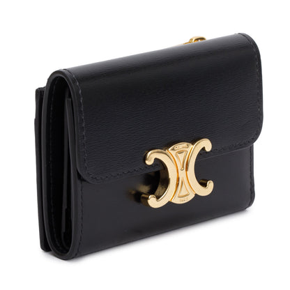 Celine 2024 Black Shiny Calfskin Leather Triomphe Compact Wallet