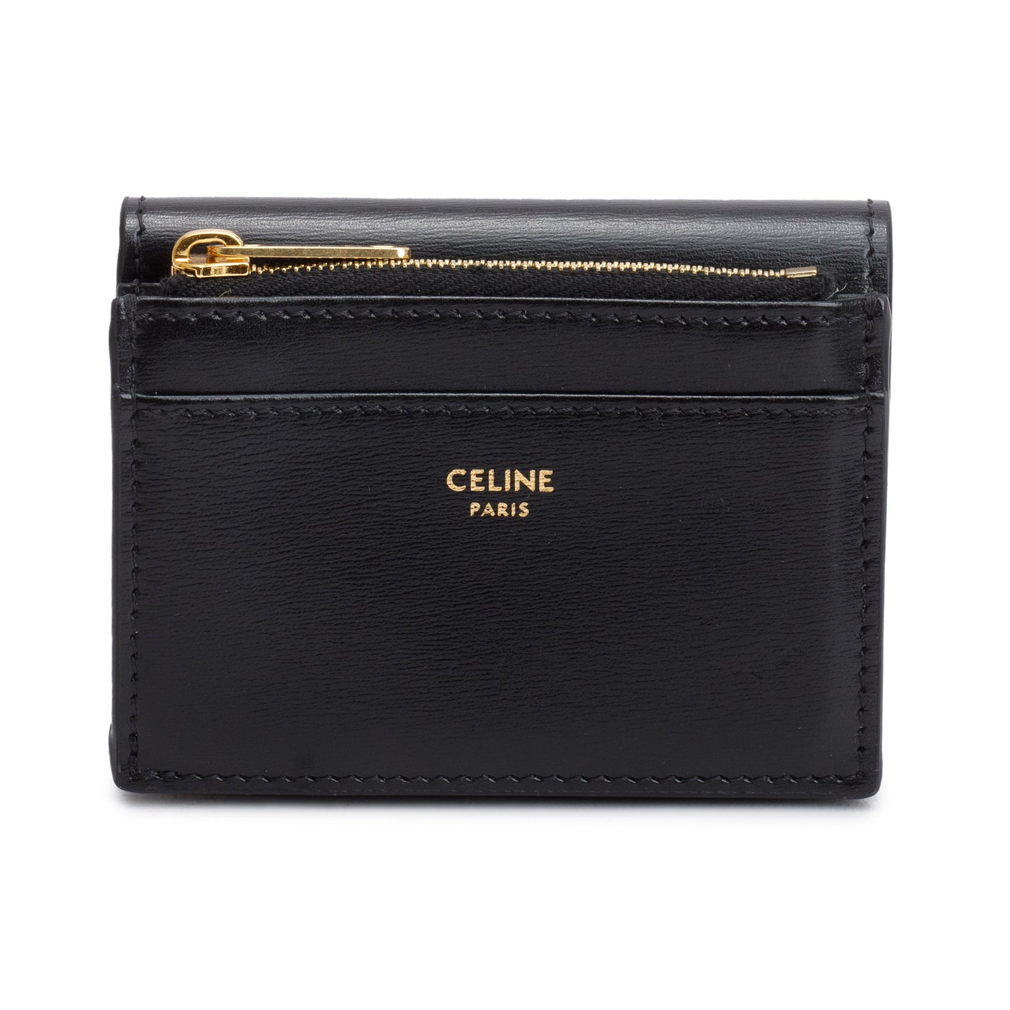 Celine 2024 Black Shiny Calfskin Leather Triomphe Compact Wallet