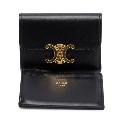 Celine 2024 Black Shiny Calfskin Leather Triomphe Compact Wallet