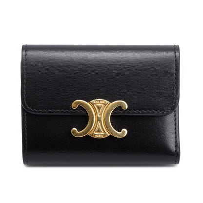 Celine 2024 Black Shiny Calfskin Leather Triomphe Compact Wallet
