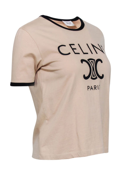 Luxury CELINE - Beige & Black Logo Crewneck T-Shirt Sz S