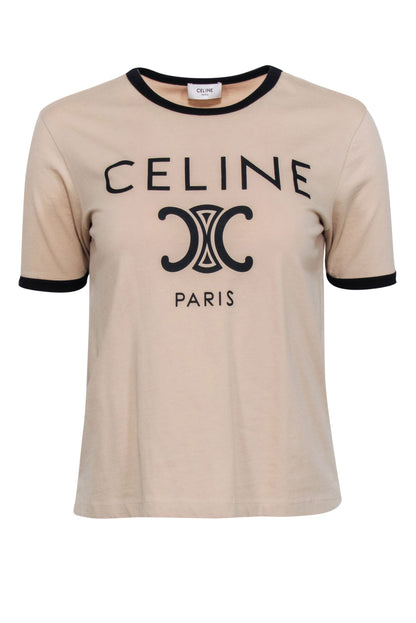Luxury CELINE - Beige & Black Logo Crewneck T-Shirt Sz S
