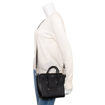 Celine Black Drummed Calfskin Leather Nano Luggage Tote
