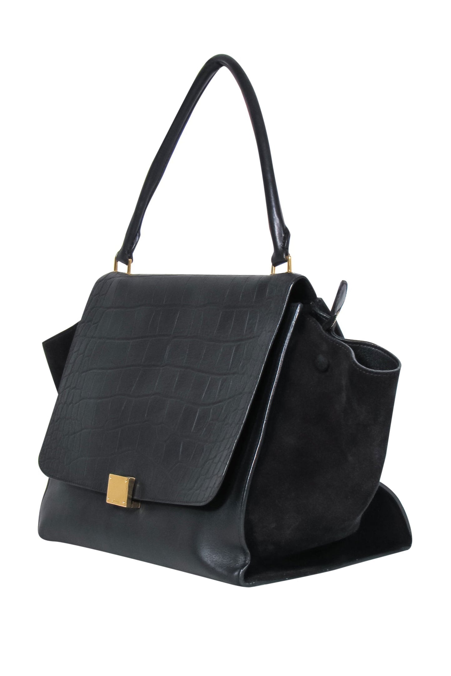 Luxury CELINE - Black Leather Reptile Embossed Fold-Over Handbag