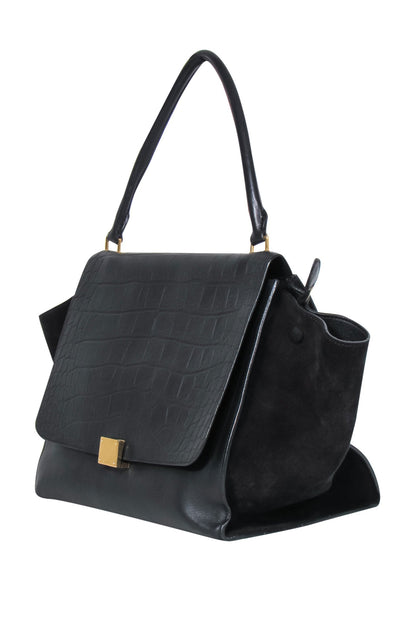 Luxury CELINE - Black Leather Reptile Embossed Fold-Over Handbag