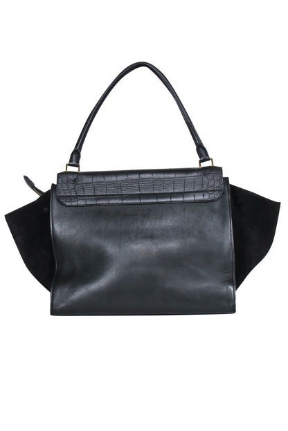Luxury CELINE - Black Leather Reptile Embossed Fold-Over Handbag