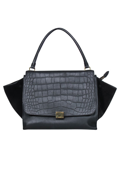 Luxury CELINE - Black Leather Reptile Embossed Fold-Over Handbag