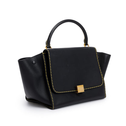 Celine Black Smooth Calfskin Leather Yellow Stitching Small Trapeze Bag