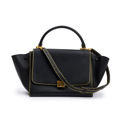 Celine Black Smooth Calfskin Leather Yellow Stitching Small Trapeze Bag