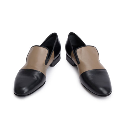 Celine Black/Taupe Calfskin Leather Luco Triomphe Loafers, Size 38.5