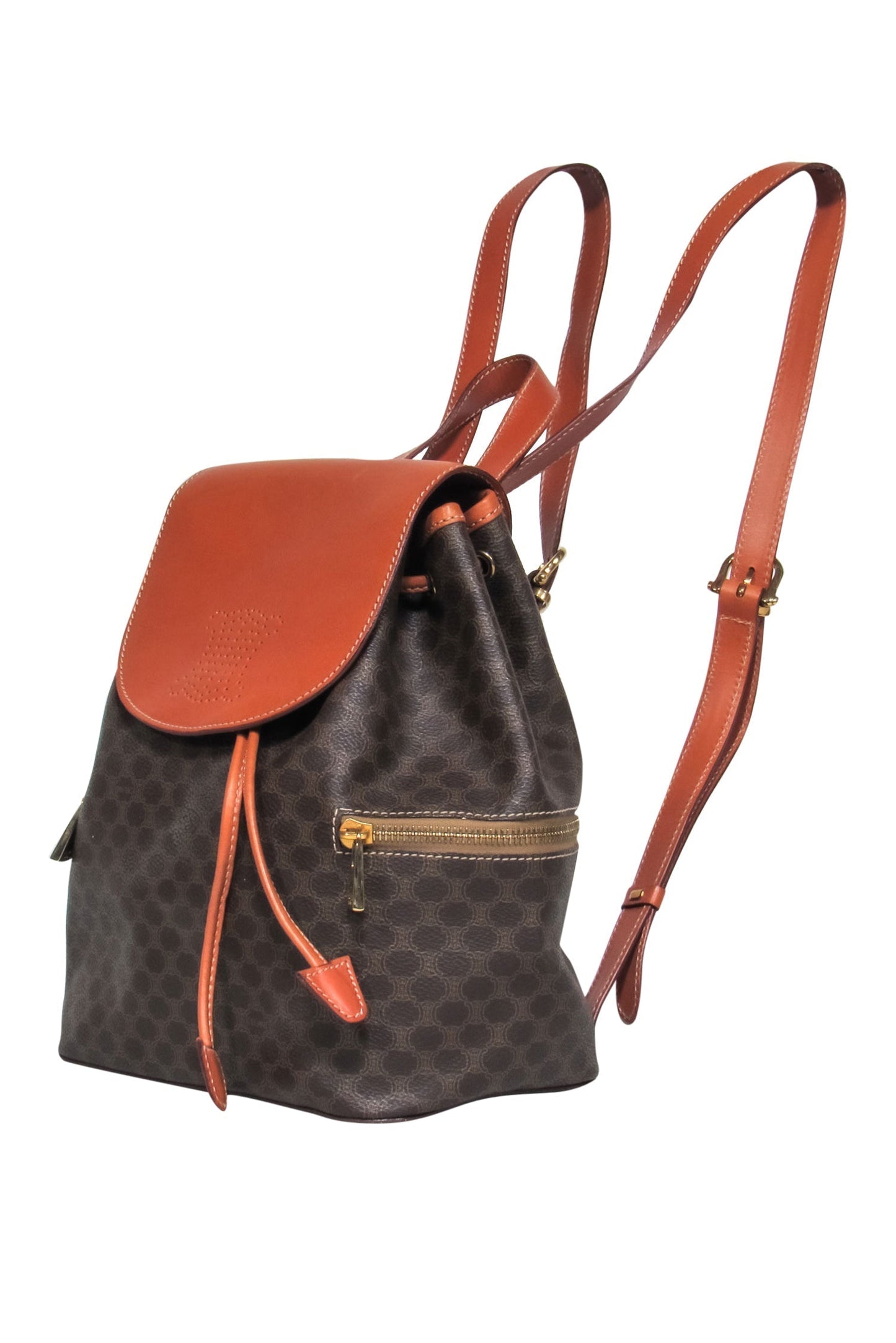 Luxury CELINE - Brown Pebbled Leather Printed Fold-Over "Borsa Donna" Backpack