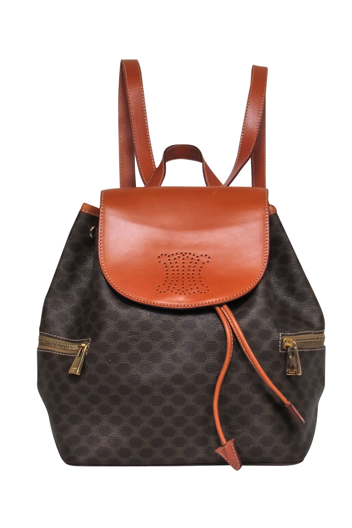 Luxury CELINE - Brown Pebbled Leather Printed Fold-Over "Borsa Donna" Backpack