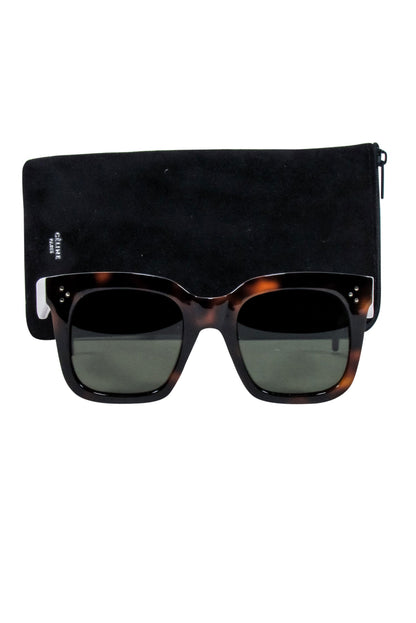 Luxury CELINE - Brown Tortoise Large Square Sunglasses w/ Three Dot Print