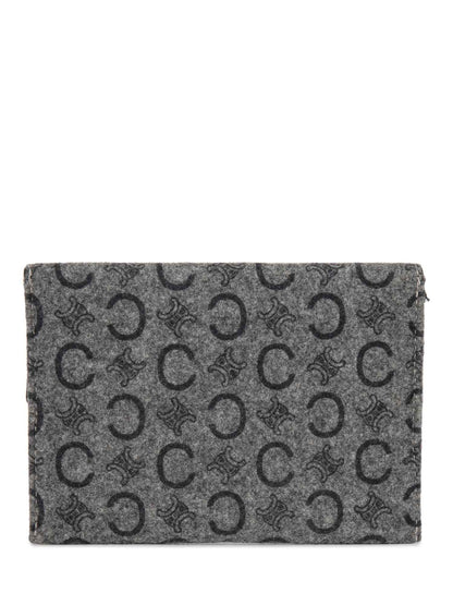 Luxury CELINE C Logo Monogram Wool Leather Credit Card Wallet Passport Case Grey