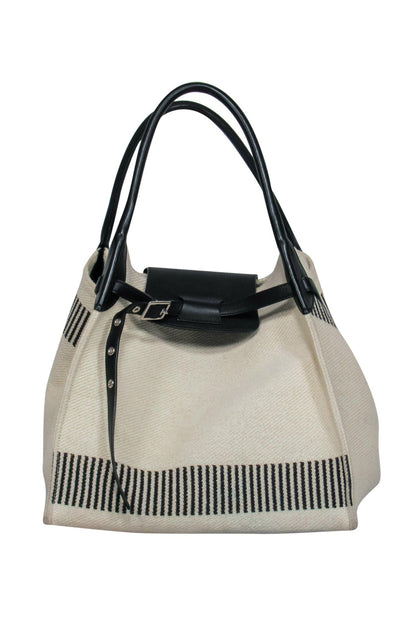 Luxury CELINE - Cream Knit Tote w/ Striped Trim