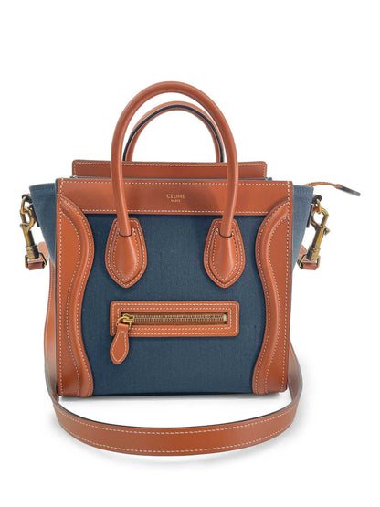 Luxury CELINE Denim Leather Nano Luggage Bag Brown