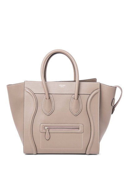 Luxury CELINE Logo Leather Mini Luggage Tote Bag Taupe