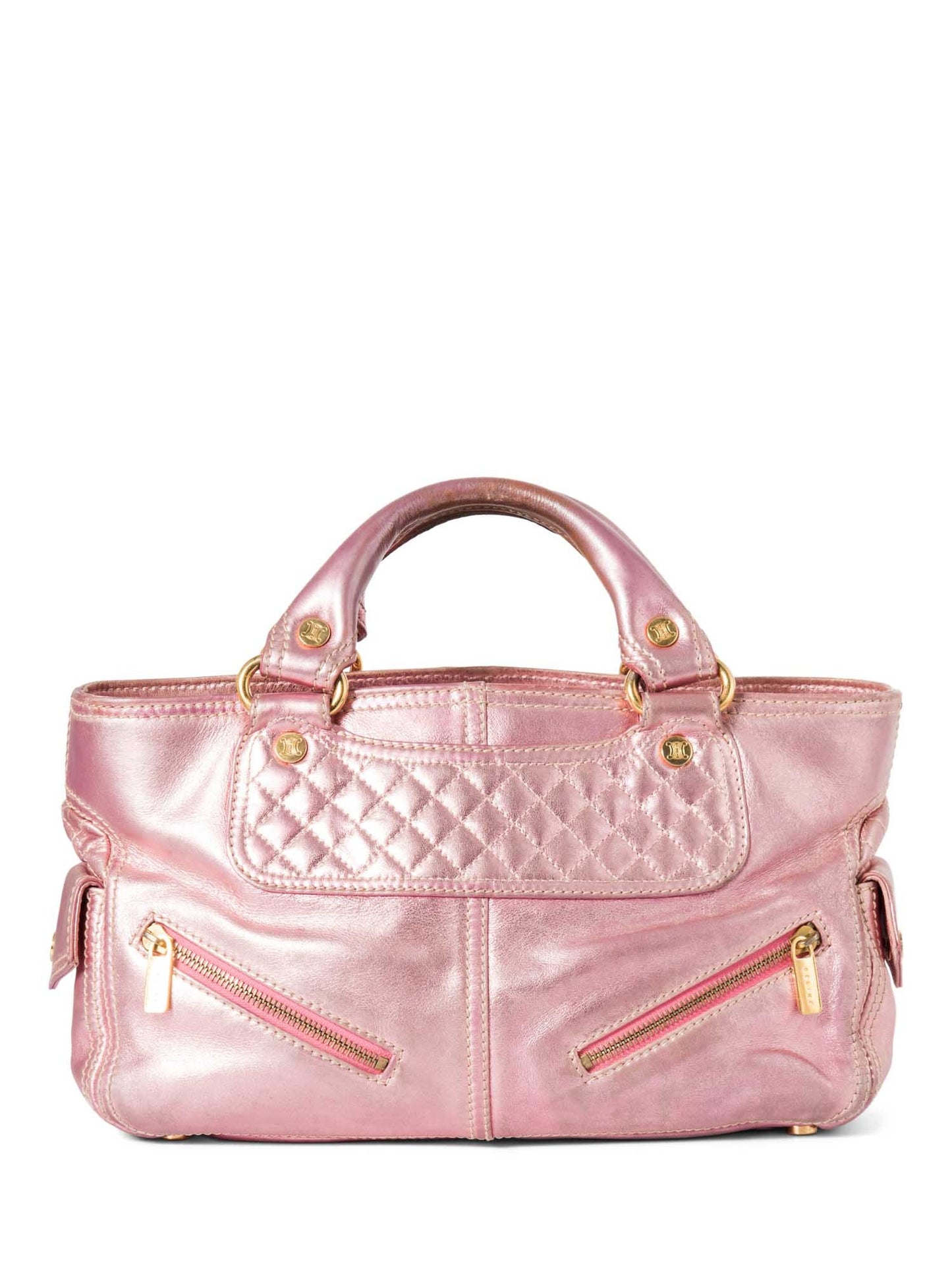 Luxury CELINE Logo Shimmer Leather  Boogie Bag Pink Gold