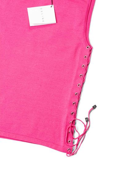Luxury CELINE Logo Wool Knitted Lace Up Top Pink