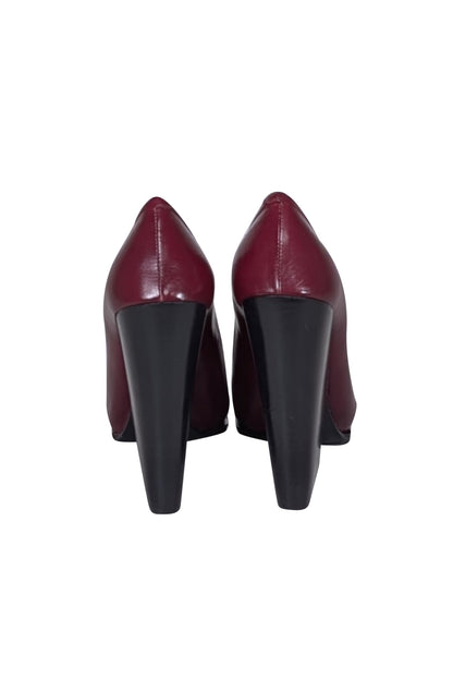 Luxury CELINE - Maroon Leather Chunky Heel Pumps Sz 10