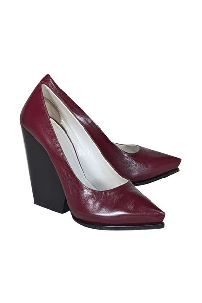 Luxury CELINE - Maroon Leather Chunky Heel Pumps Sz 10