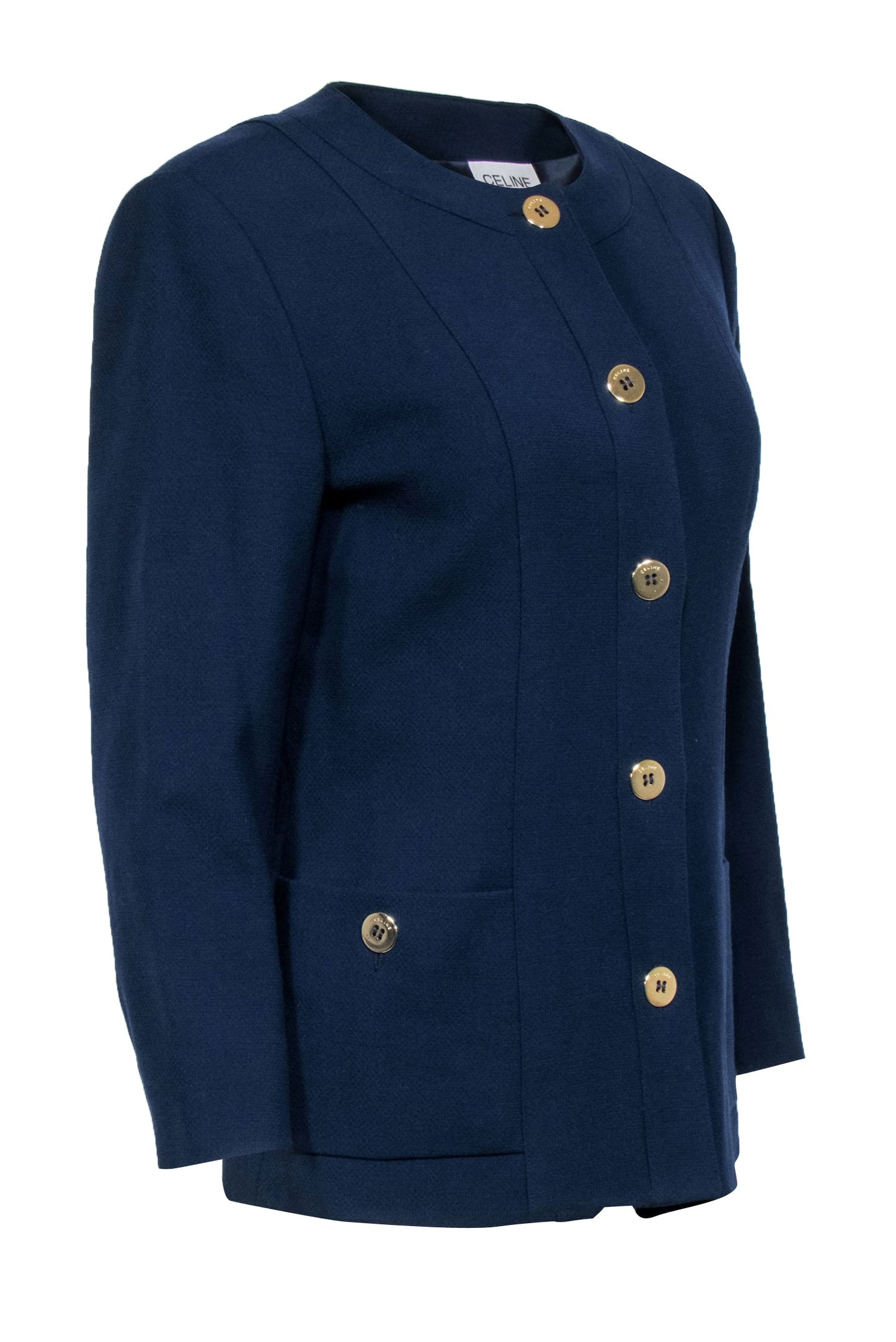 Luxury CELINE - Navy Blue Gold Button Front Blazer Sz 10