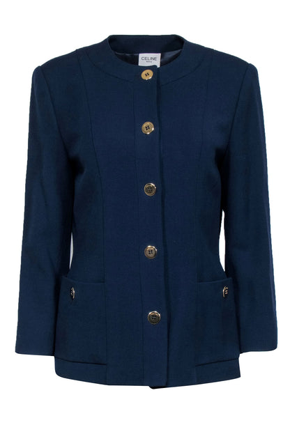 Luxury CELINE - Navy Blue Gold Button Front Blazer Sz 10