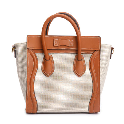 Celine Neutral Canvas Brown Calfskin Leather Nano Luggage Tote