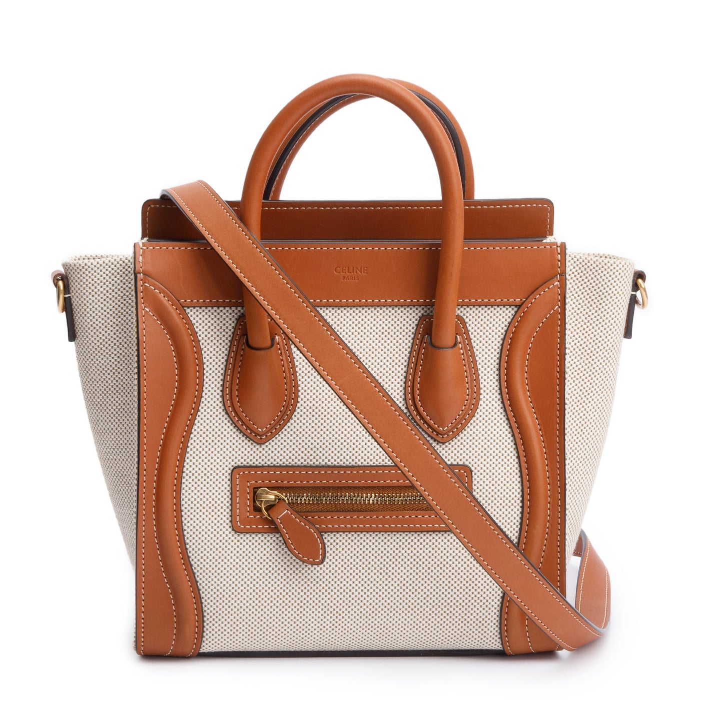Celine Neutral Canvas Brown Calfskin Leather Nano Luggage Tote