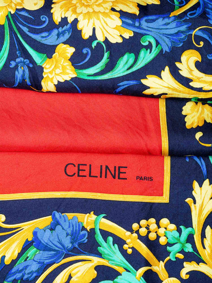 Luxury CELINE Silk Logo Floral Scarf Red Blue