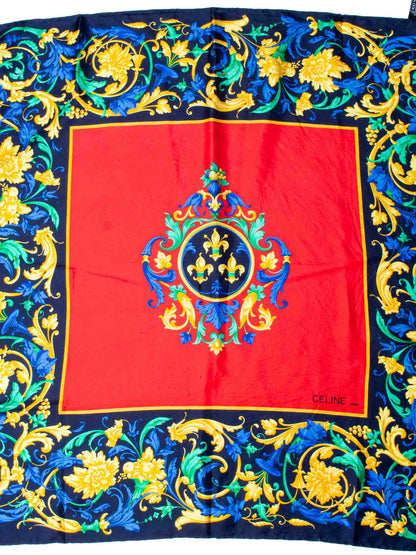 Luxury CELINE Silk Logo Floral Scarf Red Blue