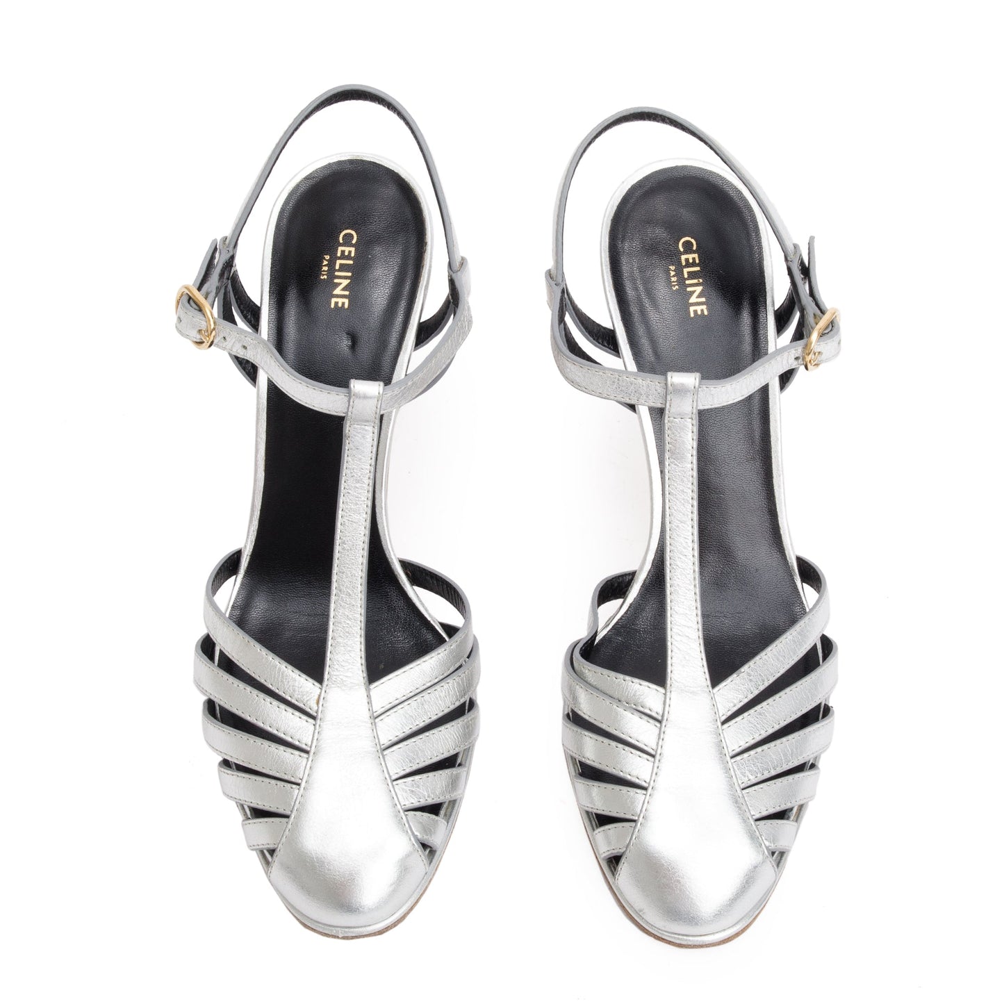 Celine Sliver Metallic Calfskin Leather Claude Sandals, Size 37