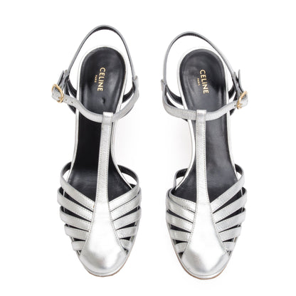 Celine Sliver Metallic Calfskin Leather Claude Sandals, Size 37