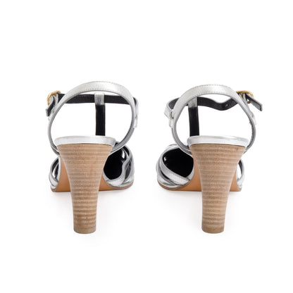 Celine Sliver Metallic Calfskin Leather Claude Sandals, Size 37