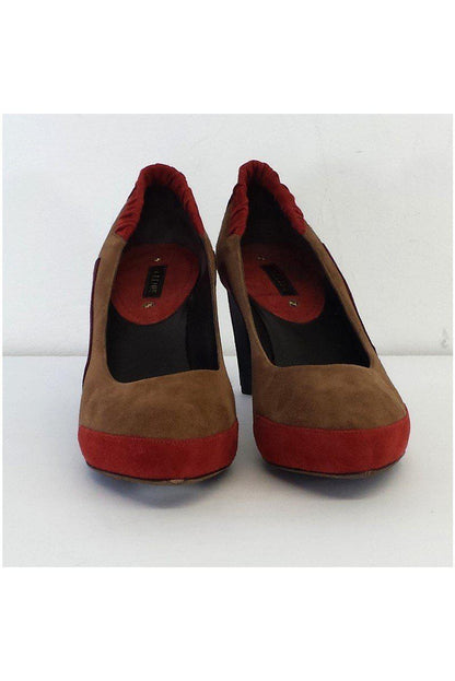Luxury CELINE - Taupe & Coral Colorblock Suede Heels Sz 8.5