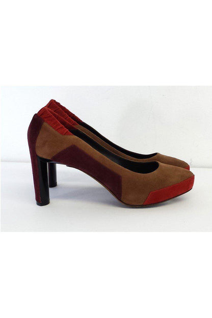 Luxury CELINE - Taupe & Coral Colorblock Suede Heels Sz 8.5